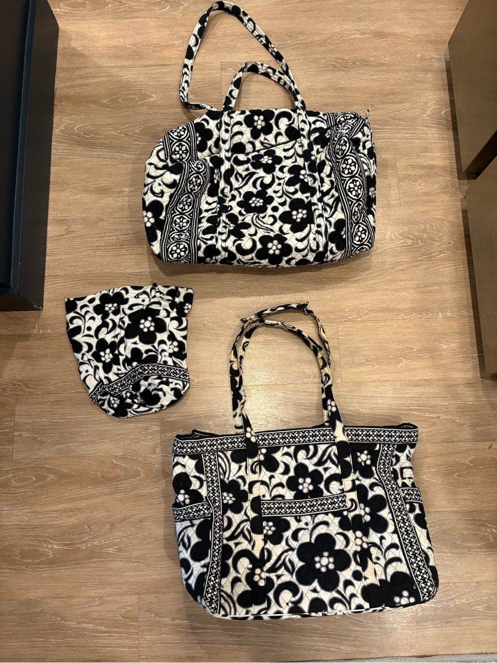 Vera Bradley Black & White Floral Quilted Tote Set with Satchel and Pouch